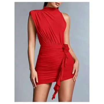 Milumia Women's 3D Flower One Shoulder Ruched Bodycon Mini Dress Sleeveless Mock Neck Asymmetrical Dress