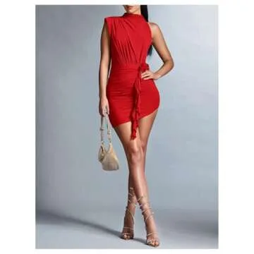 Milumia Women's 3D Flower One Shoulder Ruched Bodycon Mini Dress Sleeveless Mock Neck Asymmetrical Dress