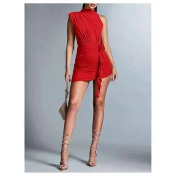 Milumia Women's 3D Flower One Shoulder Ruched Bodycon Mini Dress Sleeveless Mock Neck Asymmetrical Dress