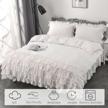 Rvciby Ruffle Duvet Cover Queen Size,Soft and Breathable Washed Microfiber Princess Bedding Set,3 Pieces,1 Duvet Cover with Zipper Closure & Corner Ties and 2 Pillow Shams,90 X 90 Inches (Queen,White)