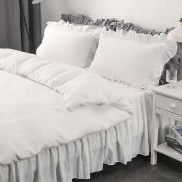 Rvciby Ruffle Duvet Cover Queen Size,Soft and Breathable Washed Microfiber Princess Bedding Set,3 Pieces,1 Duvet Cover with Zipper Closure & Corner Ties and 2 Pillow Shams,90 X 90 Inches (Queen,White)