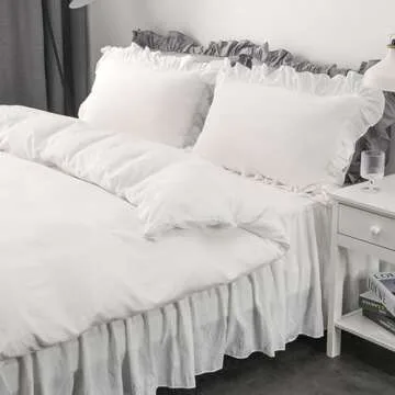 Rvciby Ruffle Duvet Cover Queen Size,Soft and Breathable Washed Microfiber Princess Bedding Set,3 Pieces,1 Duvet Cover with Zipper Closure & Corner Ties and 2 Pillow Shams,90 X 90 Inches (Queen,White)