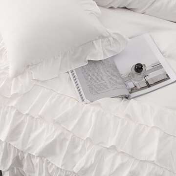 Rvciby Ruffle Duvet Cover Queen Size,Soft and Breathable Washed Microfiber Princess Bedding Set,3 Pieces,1 Duvet Cover with Zipper Closure & Corner Ties and 2 Pillow Shams,90 X 90 Inches (Queen,White)