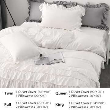 Rvciby Ruffle Duvet Cover Queen Size,Soft and Breathable Washed Microfiber Princess Bedding Set,3 Pieces,1 Duvet Cover with Zipper Closure & Corner Ties and 2 Pillow Shams,90 X 90 Inches (Queen,White)