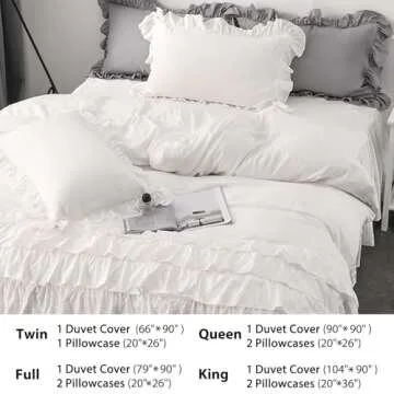 Rvciby Ruffle Duvet Cover Queen Size,Soft and Breathable Washed Microfiber Princess Bedding Set,3 Pieces,1 Duvet Cover with Zipper Closure & Corner Ties and 2 Pillow Shams,90 X 90 Inches (Queen,White)