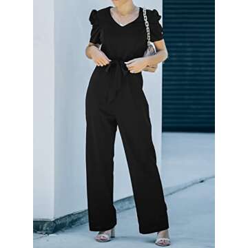 BLENCOT Womens Jumpsuit Short Sleeve Casual v Neck Belted Wide Leg Formal Rompers Jumpsuits S-XL