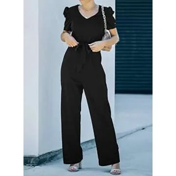 BLENCOT Womens Jumpsuit Short Sleeve Casual v Neck Belted Wide Leg Formal Rompers Jumpsuits S-XL