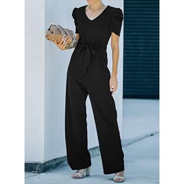 BLENCOT Womens Jumpsuit Short Sleeve Casual v Neck Belted Wide Leg Formal Rompers Jumpsuits S-XL