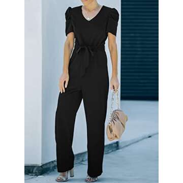 BLENCOT Womens Jumpsuit Short Sleeve Casual v Neck Belted Wide Leg Formal Rompers Jumpsuits S-XL