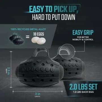 Egg Weights Cardio 2.0 lbs. (2 Eggs, 1.0 lb Each) Set Ultra-Dense Metal Alloy Hand Weights with Anti-Slip Finger Loop for Yoga, Fitness Training for Men and Women - + Free E-Book Workout Guide