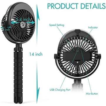 COMLIFE Misting Baby Stroller Fan, 270° & 360° Pivoting Portable Fan, Battery Operated USB Fan, Handheld Misting Fan, with Flexible Tripod Clip on Car Seat Crib Bike Treadmill Bunk Bed