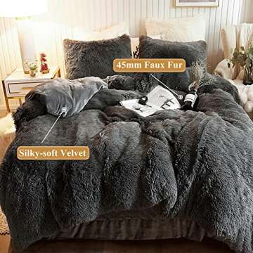 XeGe Plush Shaggy Duvet Cover Luxury Ultra Soft Crystal Velvet Bedding 1PC(1 Faux Fur Duvet Cover),Zipper Closure (Queen, Dark Gray)