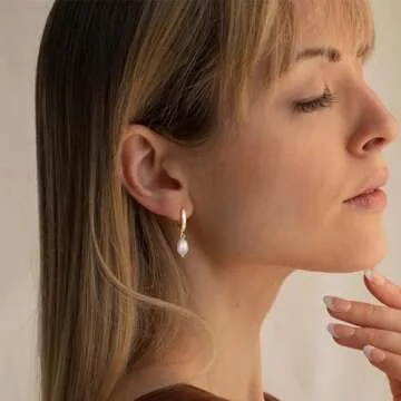 Pearl Hoop Earrings for Women - Gold Hoop Earrings Pearl Earrings for Women Trendy Jewelry Gifts 14k Gold Earrings with Pearl Dangle Earrings with Zircon