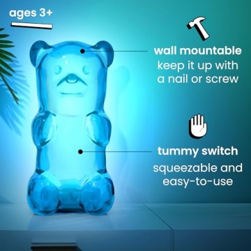 Gummygoods Squeezable Gummy Bear Night Light - Rechargeable, Portable, Squishy Lamp, 60-Min Sleep Timer for Kids & Adults, Baby Nursery, and Dorm Rooms - (Blue)