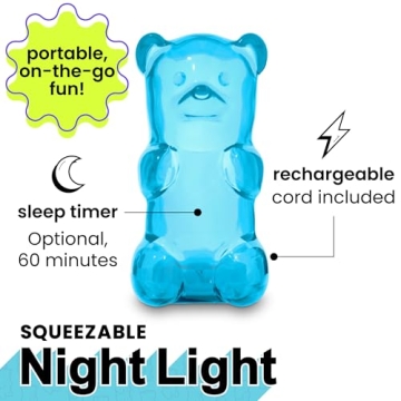Gummygoods Squeezable Gummy Bear Night Light - Rechargeable, Portable, Squishy Lamp, 60-Min Sleep Timer for Kids & Adults, Baby Nursery, and Dorm Rooms - (Blue)
