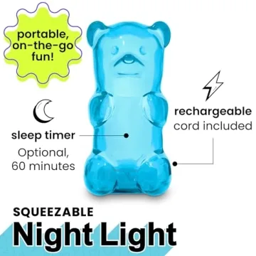 Gummygoods Squeezable Gummy Bear Night Light - Rechargeable, Portable, Squishy Lamp, 60-Min Sleep Timer for Kids & Adults, Baby Nursery, and Dorm Rooms - (Blue)
