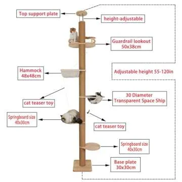 Floor to Ceiling Cat Tree Height (50-120 in) Adjustable Cat Tower 5 Tier Hemp Scratching Post High Cat Tree Sturdy Cat Activity Tree Indoor Outdoor Cat Scratching Post
