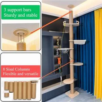 Floor to Ceiling Cat Tree Height (50-120 in) Adjustable Cat Tower 5 Tier Hemp Scratching Post High Cat Tree Sturdy Cat Activity Tree Indoor Outdoor Cat Scratching Post