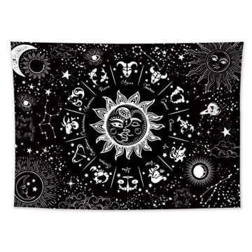 HVEST Sun Moon Zodiac Tapestry Wall Hanging Black and White 12 Constellation Art Tapestries Psychede...