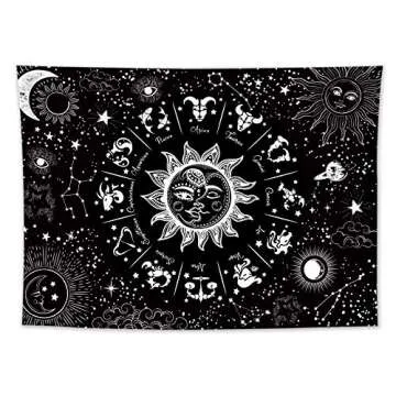 HVEST Sun Moon Zodiac Tapestry Wall Hanging Black and White 12 Constellation Art Tapestries Psychede...