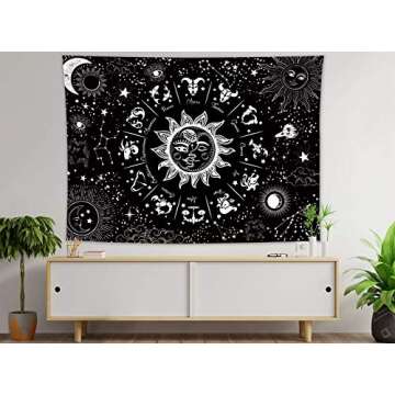 HVEST Sun Moon Zodiac Tapestry Wall Hanging Black and White 12 Constellation Art Tapestries Psychedelic Star Space Astrology Tapestry Room Indie Decor Blanket for Living Room Bedroom Dorm,60x40 Inchs