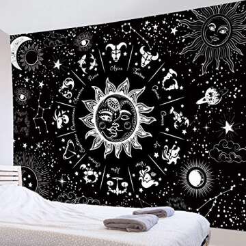 HVEST Sun Moon Zodiac Tapestry Wall Hanging Black and White 12 Constellation Art Tapestries Psychedelic Star Space Astrology Tapestry Room Indie Decor Blanket for Living Room Bedroom Dorm,60x40 Inchs