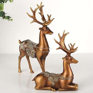 1 Pair Golden Reindeer Figurine,URMAGIC Resin Sitting and Standing Deer Statues,Christmas Reindeer S...