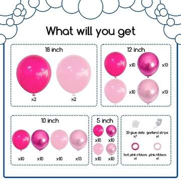 COKAOBE Pink Balloons Garlands Arch Kit, 124pcs Hot Pink Pastel Pink Metallic Magenta Latex Balloons...