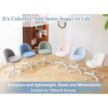 VINGLI Candy Chair Armless Cute Desk Chair,Comfy Small Office Chair with Wheels,Vanity Chair with Lumbar Support,Teddy Adjustable Rolling Swivel Computer Task Chair for Home Office,Bedroom,White