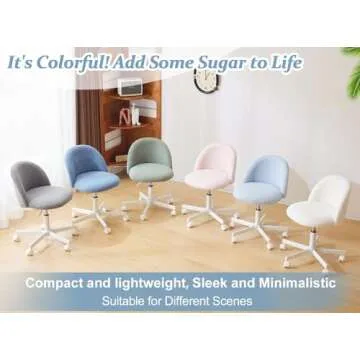 VINGLI Candy Chair Armless Cute Desk Chair,Comfy Small Office Chair with Wheels,Vanity Chair with Lumbar Support,Teddy Adjustable Rolling Swivel Computer Task Chair for Home Office,Bedroom,White