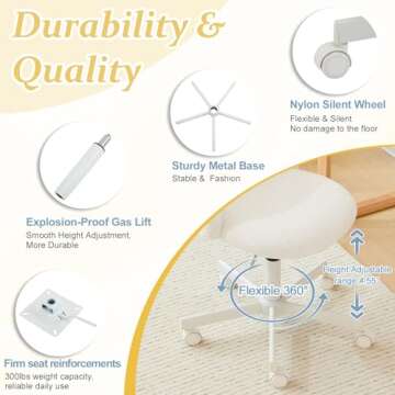 VINGLI Candy Chair Armless Cute Desk Chair,Comfy Small Office Chair with Wheels,Vanity Chair with Lumbar Support,Teddy Adjustable Rolling Swivel Computer Task Chair for Home Office,Bedroom,White