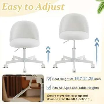 VINGLI Candy Chair Armless Cute Desk Chair,Comfy Small Office Chair with Wheels,Vanity Chair with Lumbar Support,Teddy Adjustable Rolling Swivel Computer Task Chair for Home Office,Bedroom,White
