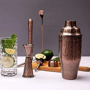 SKY FISH 3D Etching Cocktail Shaker Set Bartender Kit with Cocktail Shaker,Jigger, Muddler, Bar Spoon, Bar Accessory Tools, Reindeer Deer Head Pattern, Stainless Steel, Copper Plated
