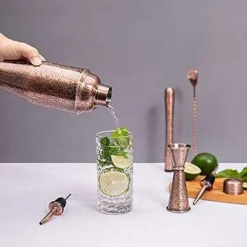SKY FISH 3D Etching Cocktail Shaker Set Bartender Kit with Cocktail Shaker,Jigger, Muddler, Bar Spoon, Bar Accessory Tools, Reindeer Deer Head Pattern, Stainless Steel, Copper Plated