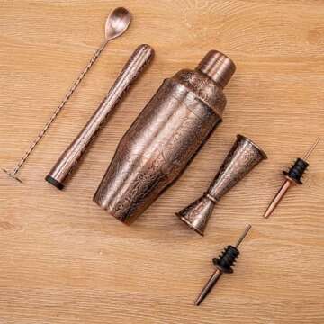 SKY FISH 3D Etching Cocktail Shaker Set Bartender Kit with Cocktail Shaker,Jigger, Muddler, Bar Spoon, Bar Accessory Tools, Reindeer Deer Head Pattern, Stainless Steel, Copper Plated