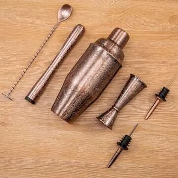 SKY FISH 3D Etching Cocktail Shaker Set Bartender Kit with Cocktail Shaker,Jigger, Muddler, Bar Spoon, Bar Accessory Tools, Reindeer Deer Head Pattern, Stainless Steel, Copper Plated