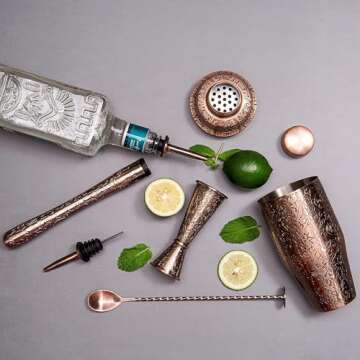 SKY FISH 3D Etching Cocktail Shaker Set Bartender Kit with Cocktail Shaker,Jigger, Muddler, Bar Spoon, Bar Accessory Tools, Reindeer Deer Head Pattern, Stainless Steel, Copper Plated