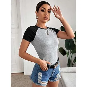 Floerns Women's Round Neck Raglan Short Sleeve Bodysuit Tops Grey S