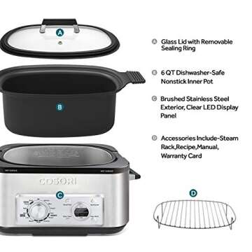 COSORI Multicooker 6 QT 11-in-1 Programmable Slow, Rice Cooker, Brown, Saute, Boil, Steamer, Yogurt Maker, Auto-Warmer, Delay Timer, Small, Silver