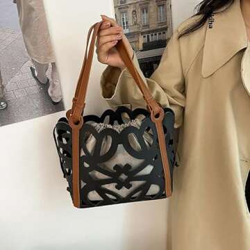 Hollow Bucket Bags Black Tote Casual PU Leather Shoulder Bag Fashion Versatile Luxury Handbags for Women (black)