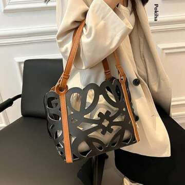 Hollow Bucket Bags Black Tote Casual PU Leather Shoulder Bag Fashion Versatile Luxury Handbags for Women (black)