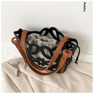 Hollow Bucket Bags Black Tote Casual PU Leather Shoulder Bag Fashion Versatile Luxury Handbags for Women (black)