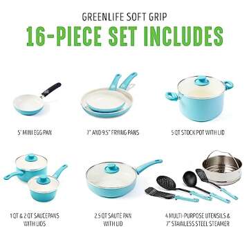 GreenLife Soft Grip Healthy Ceramic Nonstick 16 Piece Kitchen Cookware Pots and Frying Sauce Saute Pans Set, PFAS-Free with Kitchen Utensils and Lid, Dishwasher Safe, Caribbean Blue