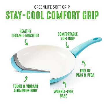 GreenLife Soft Grip Healthy Ceramic Nonstick 16 Piece Kitchen Cookware Pots and Frying Sauce Saute Pans Set, PFAS-Free with Kitchen Utensils and Lid, Dishwasher Safe, Caribbean Blue