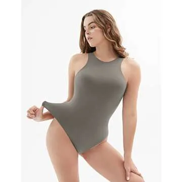 PUMIEY Bodysuit for Women Sexy Tops Thong Bodysuit Sleeveless Tank Top Elephant Grey X-Small