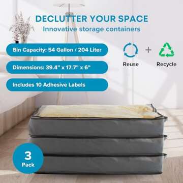 NeatNestly SmartCube Under Bed Storage Bags - 3 Pack Large 39" x 18" x 6" Gray Containers with Reinf...