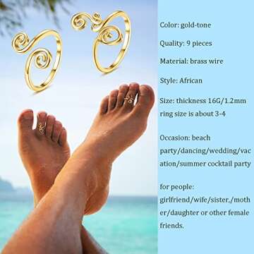 FIBO STEEL 9 Pcs Adjustable Toe Rings for Women