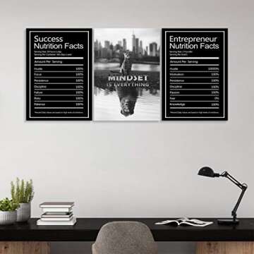 Urttiiyy 3 Pieces Mindset is Everything Motivational Wall Art Canvas Prints Inspiring Prints Inspirational Success Nutrition Facts Entrepreneur Quotes Wall Decor for Office Home Framed Ready to Hang