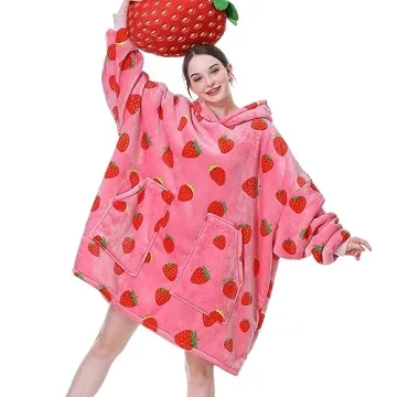 Aemicion Strawberry Blanket Hoodie,Oversized Wearable Blanket,Sherpa Hooded Blanket,Warm Cozy Sweats...