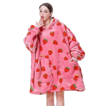 Aemicion Strawberry Blanket Hoodie,Oversized Wearable Blanket,Sherpa Hooded Blanket,Warm Cozy Sweatshirt Blanket Gifts for Women Girls Adult